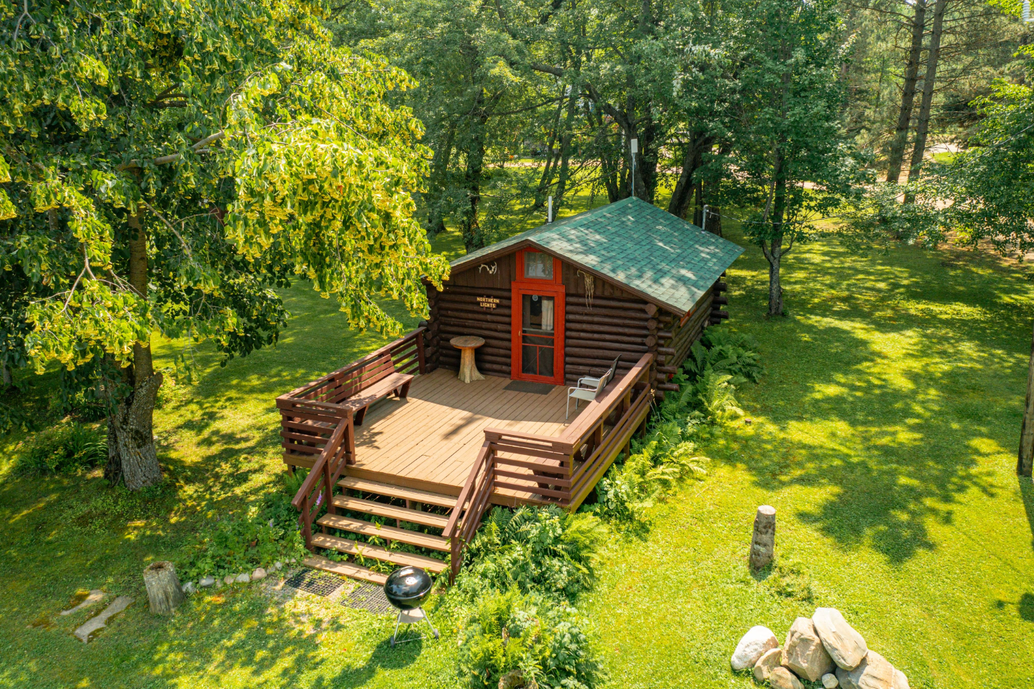Lakefront cabin deck overlooking lake view